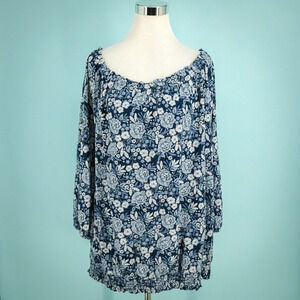 J. Jill Plus Size 4X Blue Floral Print Smocked Off the Shoulder Long Sleeve Top
